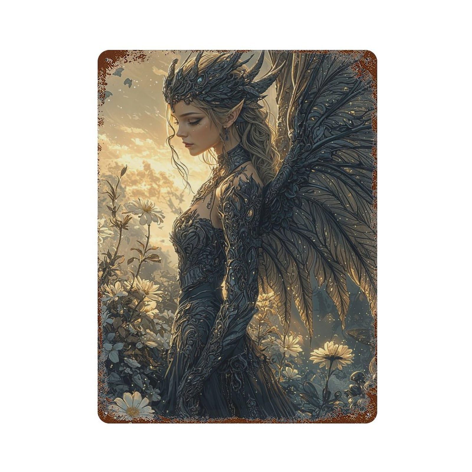 Dark Angel in Bloom Rustic Tin Plaque 15.7"x11.8", for Shed, Workshop And Garage Wall Decor, Shabby Chic Decor