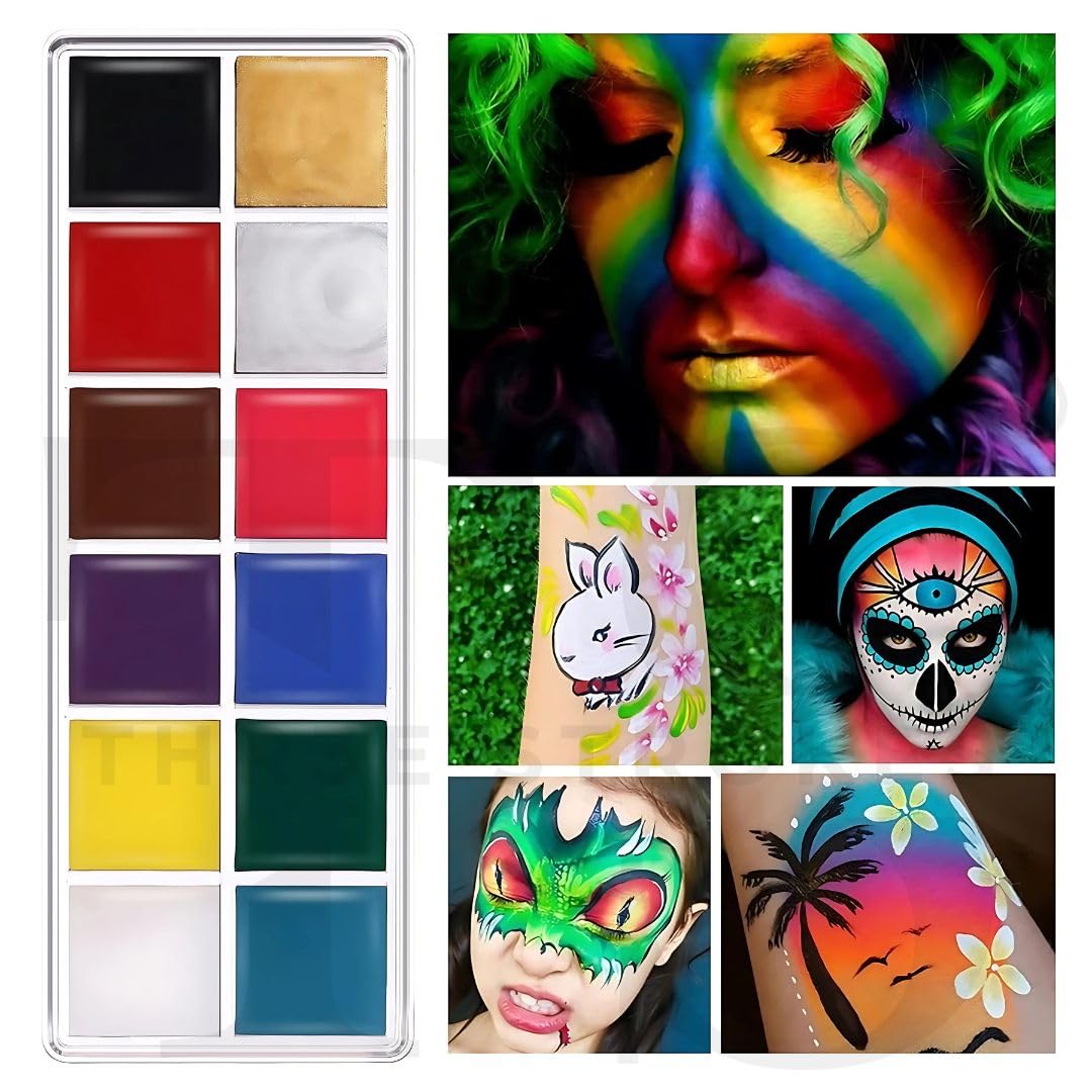 Oil Based Face Body Painting Kit, 12 Colours, Black & White Halloween Makeup Palette, Hypoallergenic Body Paint for Costume Party, Special Effects