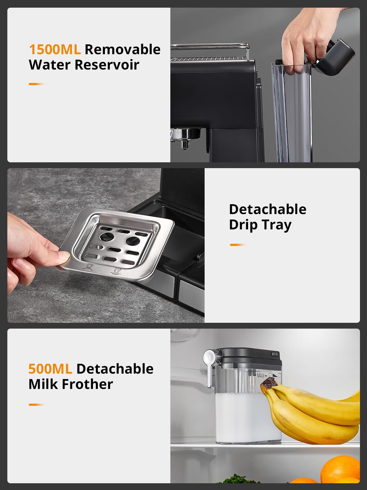 Yabano Máquina de café espresso, 20 bares, con espumador de leche automático de 500 ml, 6 bebidas, pantalla táctil a color, depósito de agua de 1,5 L, cafetera capuchino y latte, 1450 W