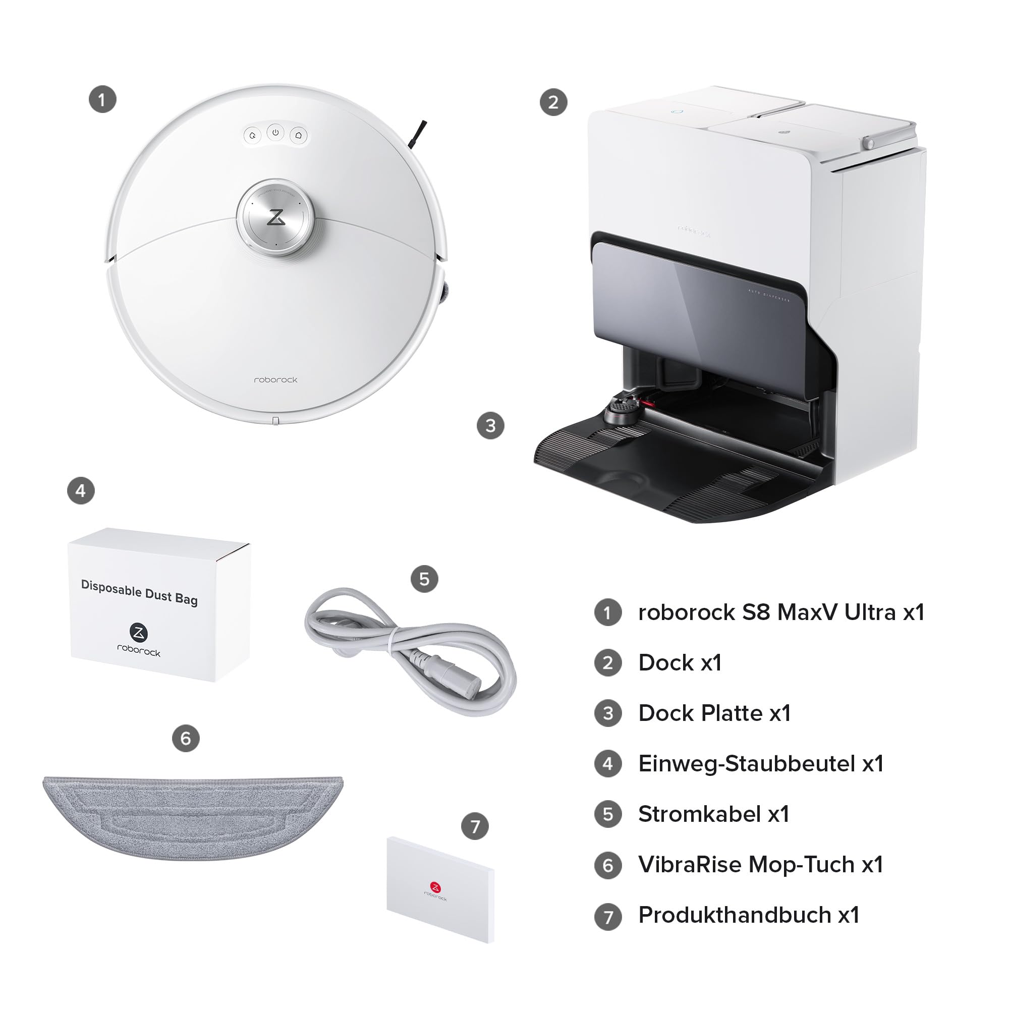 roborock S8 MaxV Ultra Saugroboter mit Wischfunktion&Hebarem Wischmopp, Umfangreiche Reinigung Durch die ausfahrbaren Seitenbürste, 10.000 Pa, 60 °C Heißwasser-Moppwäsche, All-in-One-Dock