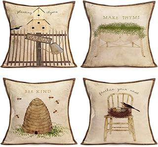 Vintage Rustic Board Style Throw Pillow Covers Cotton Linen Retro Bird Nest Thyme Floral Bee Decorative Pillow Covers 18"x...