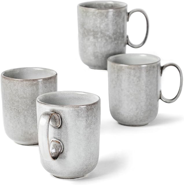 Tea Coffee Mug Set of 4, Stoneware Coffee Mugs / Tea Mugs for 4, Modern Ceramic Drinking Cups - 450ml, 15oz, Porcelain Tea Mug Set Dishwasher Safe - Mug Grey