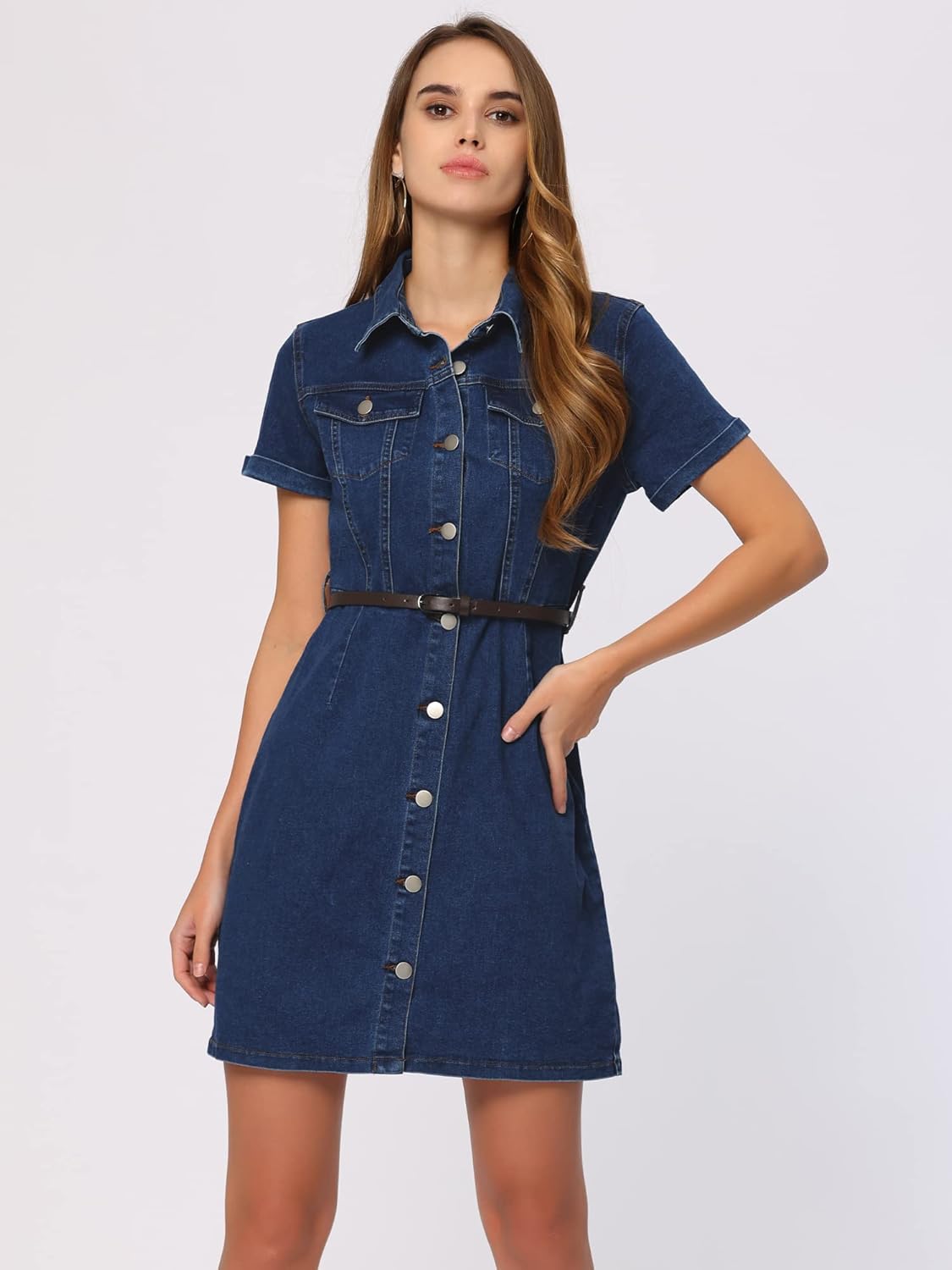 Allegra K Women's Denim Shirt Dress Collar Short Sleeve Belted Button Up Jean Dresses - Image 2
