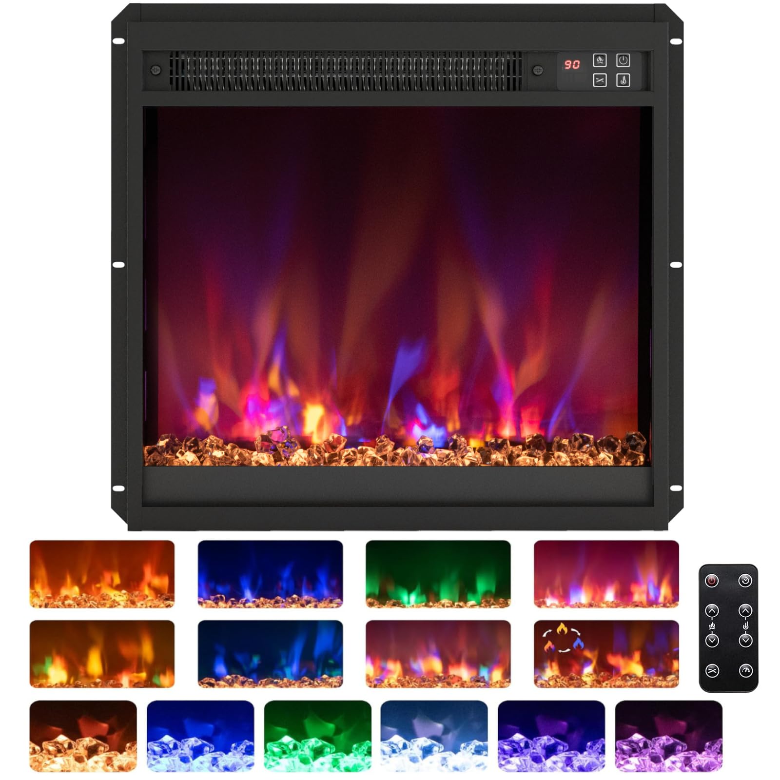 COSTWAY 19”/49cm Electric Fireplace, Recessed Freestanding Fire Heater with 8 Flame Color, 3 Brightness, Thermostat, Timer, Remote Control & Overheat Protection (19”, 1500W-1600W, with Crystals) — image 1