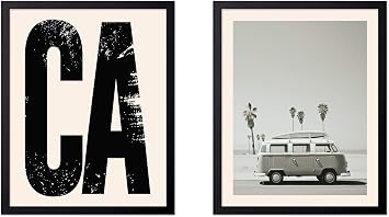 Poster Master 2-Piece California Poster - Van and Palm Trees Print - Vacation Art - Beach Art - Gift for Men, Women & Travel Lover - Decor for Bedroom, Living Room or Dorm, 8x10 Black Framed