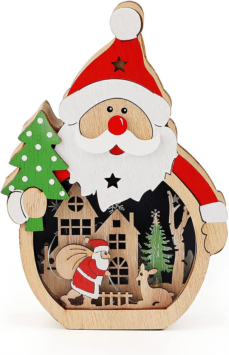 wepikkChristmas Ornaments Wooden Decor Night Light Santa Claus Snowman Deer Tree Log Cabin Cottage Home Gifts Decorations Acrylic Clear Panel 2022 Collection