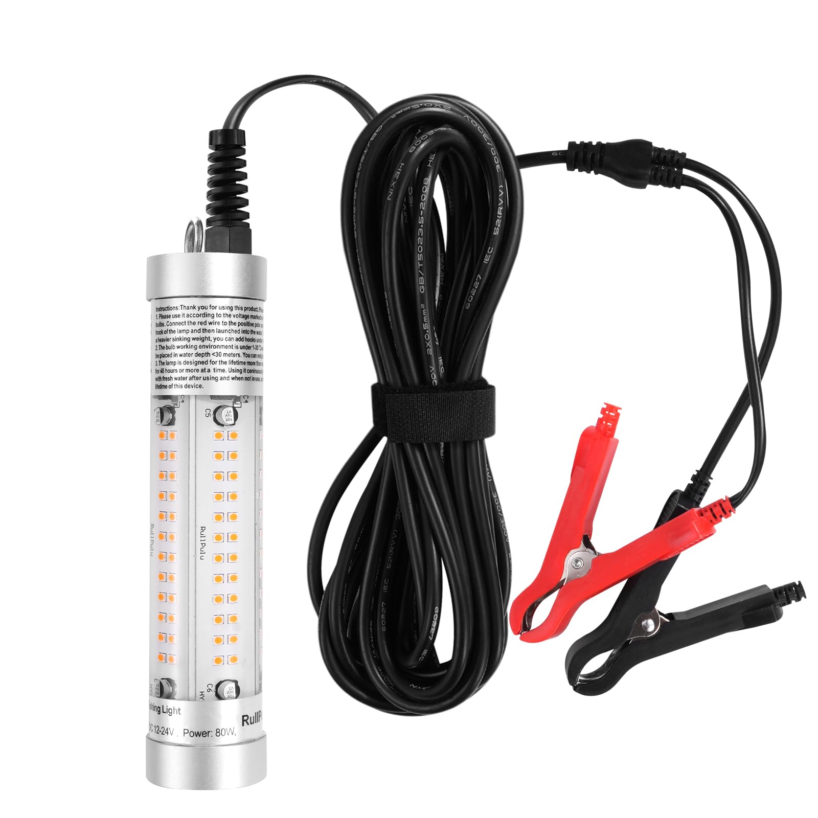80W Underwater LED Fishing Light, 9600 Lumens Super Bright IP68 Waterproof Fish Attractor Lamp, Durable Aluminum Alloy Night Fish Bait Light for Saltwater Freshwater (Yellow)