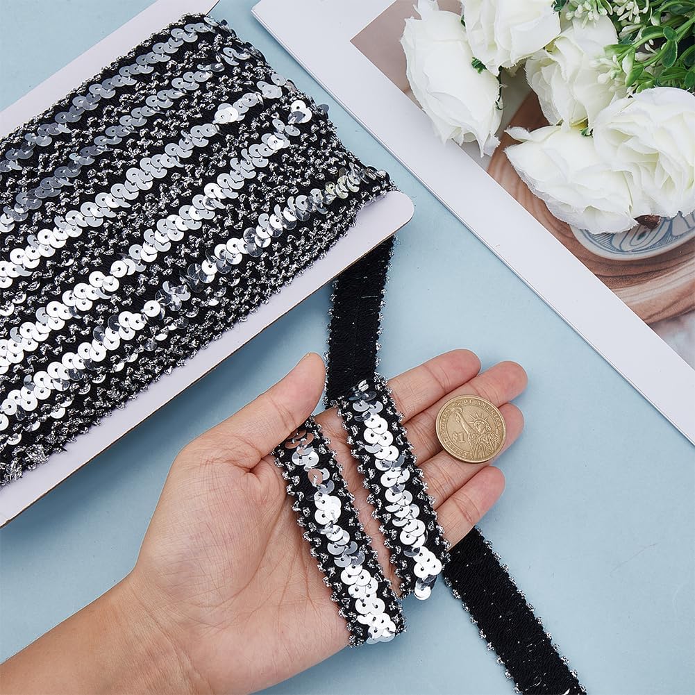 20 Yards 20MM Silver Black Sequin Trim Elastic Flat Sequins Stretch Beaded Ribbon Spangle Paillette Metallic Glitter Strip Trim Bulk for Sewing Making Crafts Dresses Costume Wedding Clothes