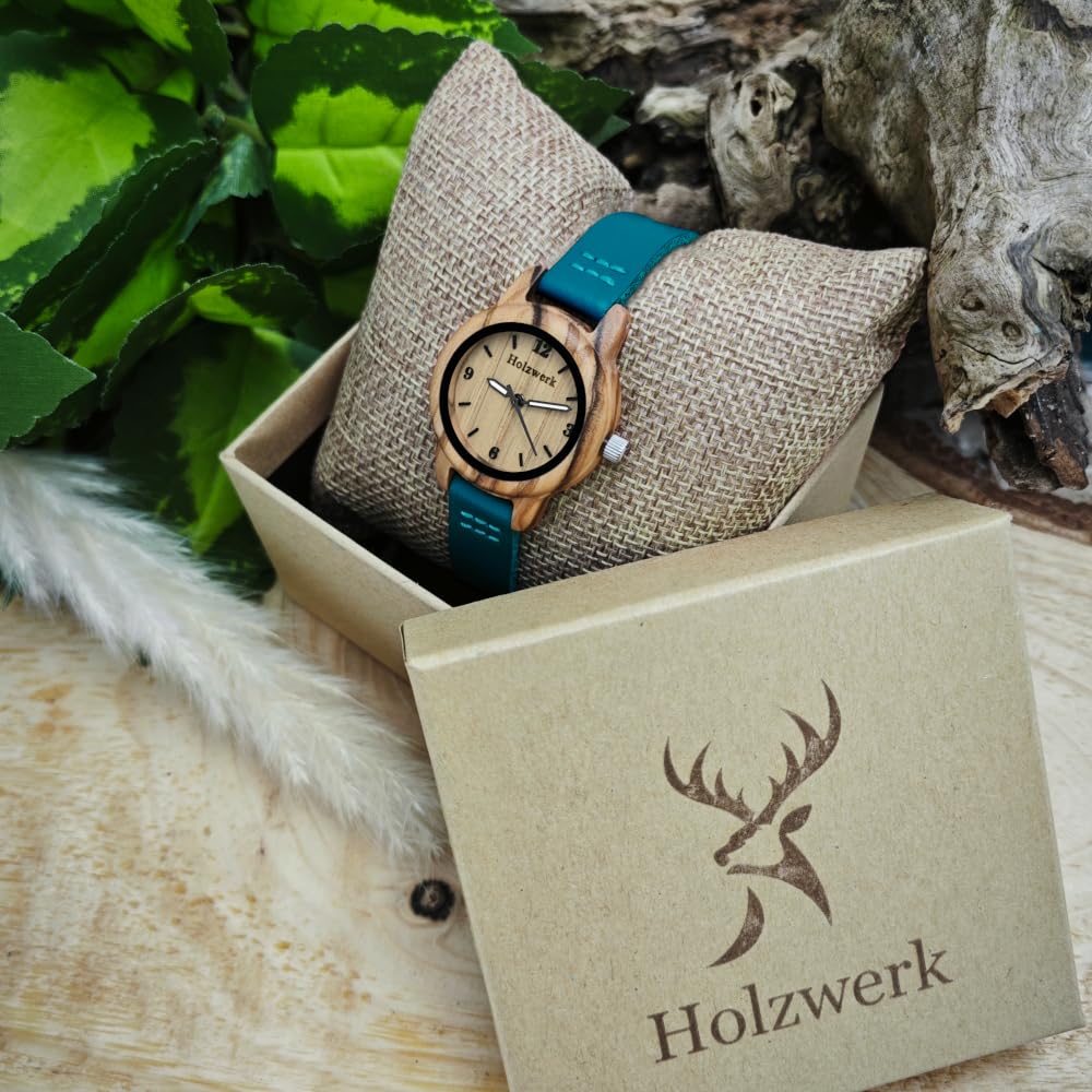 Holzwerk Germany Handgefertigte Kleine Öko Damen-Uhr Öko Natur Holz-Uhr Leder Armband-Uhr Analog Klassisch Quarz-Uhr in Schwarz Braun Rot Blau Türkis
