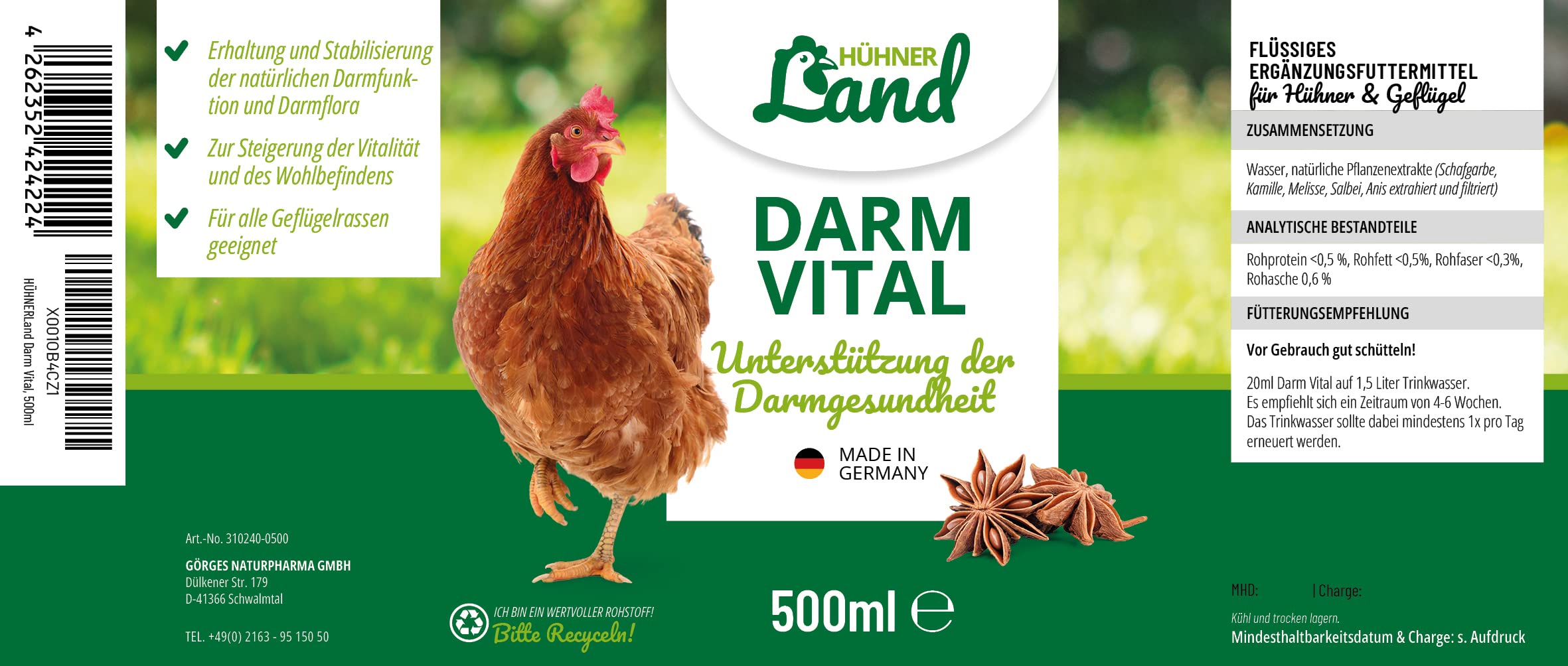 HÜHNER Land Intestin Vital 500 ml pour poulets – Soutien de la digestion et de la flore intestinale des poulets, en cas de diarrhée et de coccidies chez le poulet, renforcement du système immunitaire