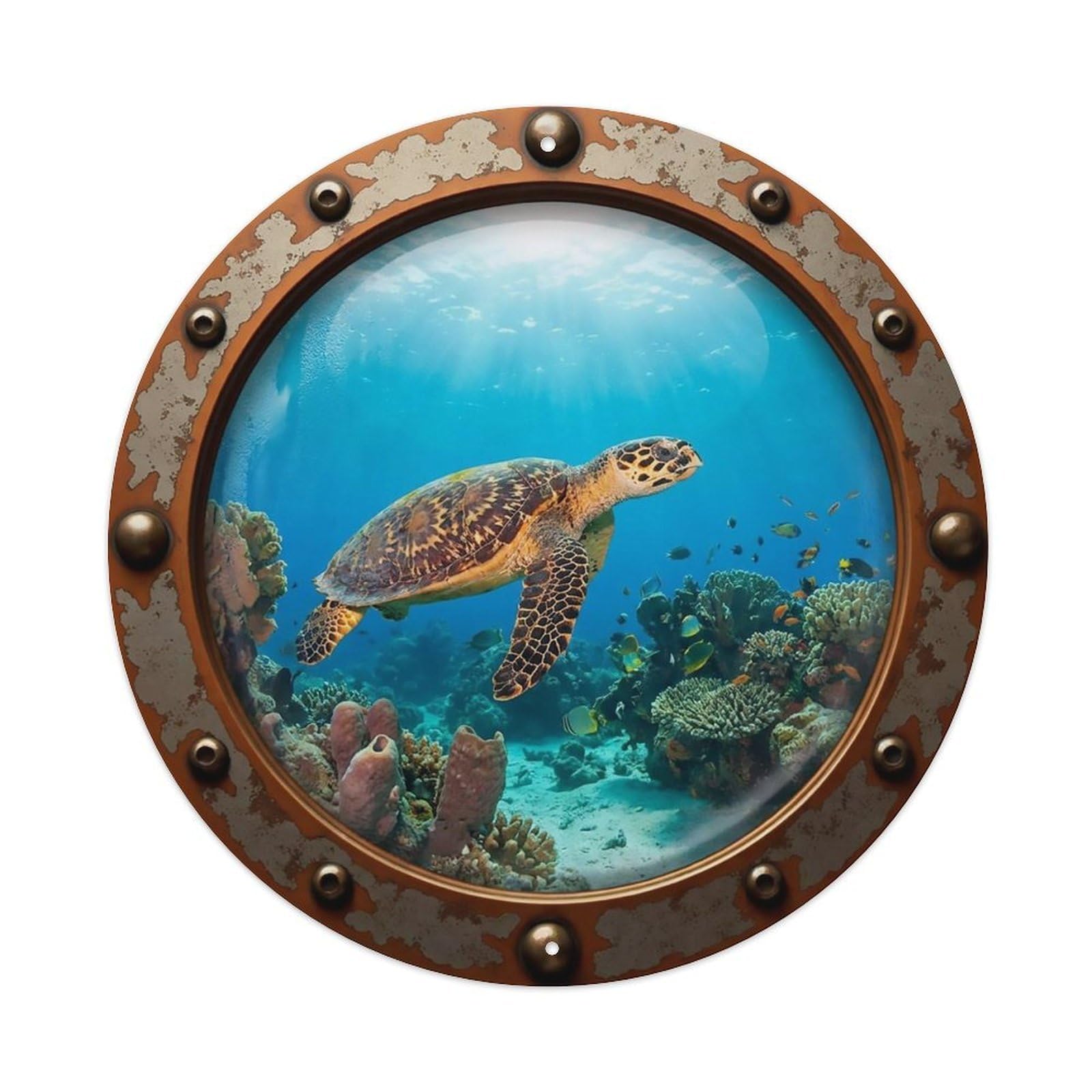 Vintage Porthole Hawksbill Turtle Nautical Window View Metal Tin Sign