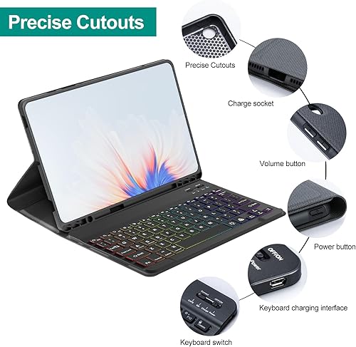 Miniatura 9 de Funda con teclado para Samsung Galaxy Tab S9 Plus con soporte para bolígrafo, funda para teclado Bluetooth, 7 colores, retroiluminada, teclado