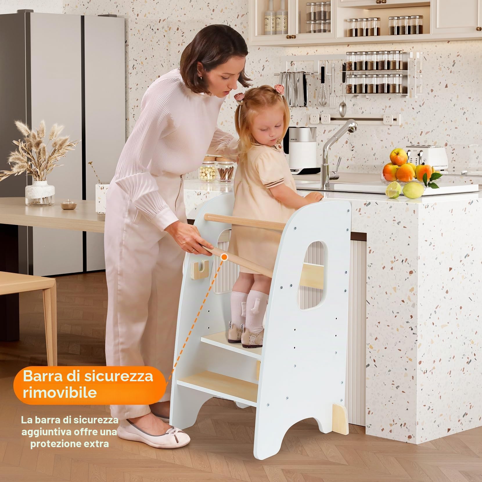 Torre Montessoriana Learning Tower Sicura Altezze Regolabili Doppia Barra Protezione Antiscivolo Anti-Ribaltamento Bianco