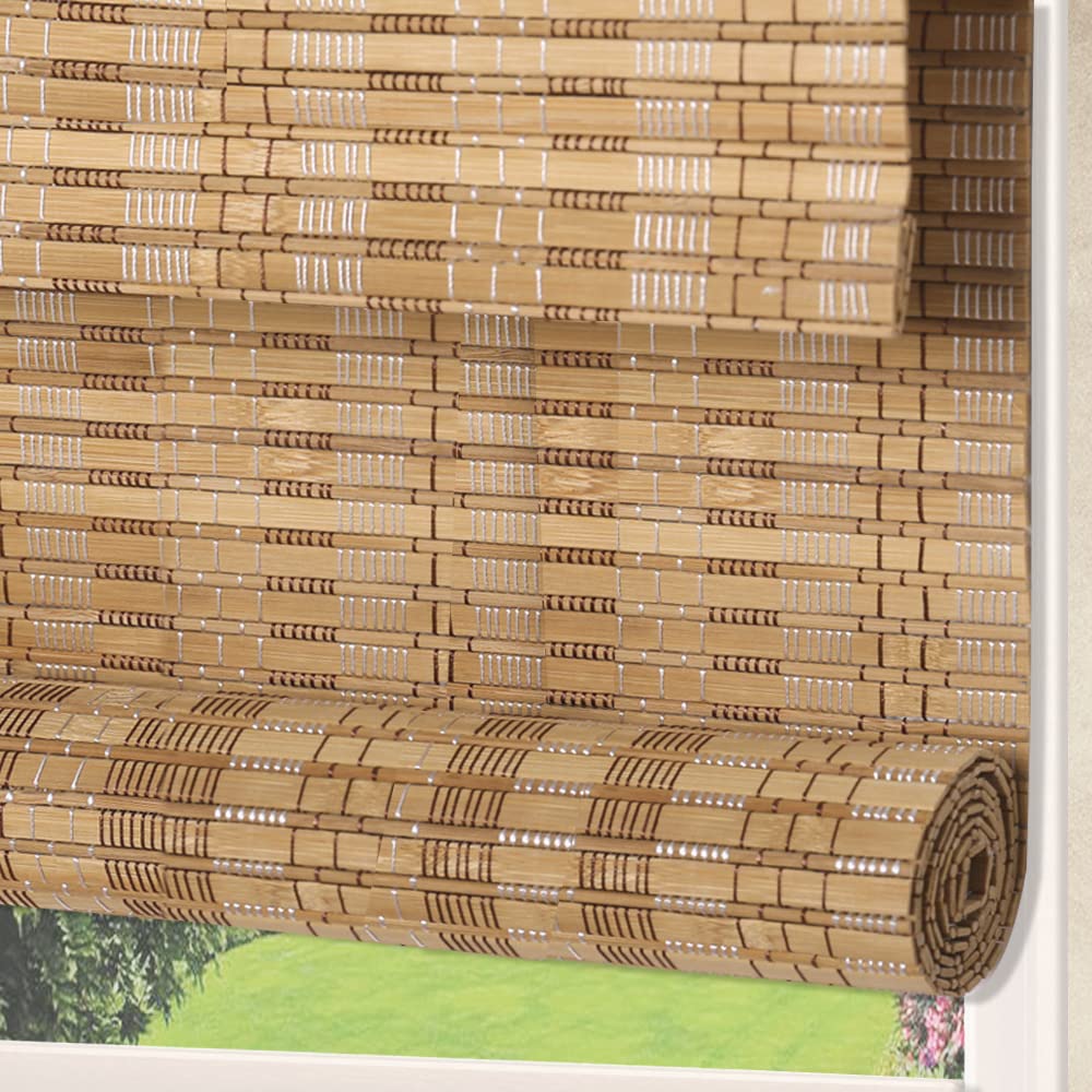 LANTIMEWood Window Blinds Shades, Lined Blackout Bamboo Roller Shades, Easy Installation for Home and Garden, Pattern 1