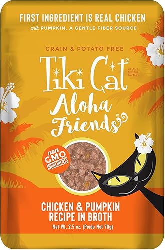 Miniatura 1 de Tiki Cat Aloha Friends Alimento húmedo y sin cereales para gatos de todas las edades, recetas de pollo con calabaza, sobres de 2.5 onzas (paquete de