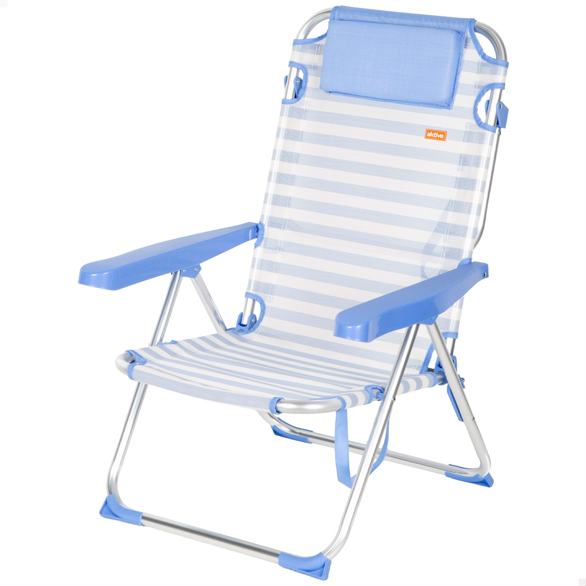 AKTIVE Silla de Playa Plegable, Rayas marineras, 48x60x90 cm, 5 Posiciones, Aluminio y textileno, Antivuelco, Soporta 110 kg, Cojín, Asa Transporte, Bolsillos, Tumbona jardín (62548)