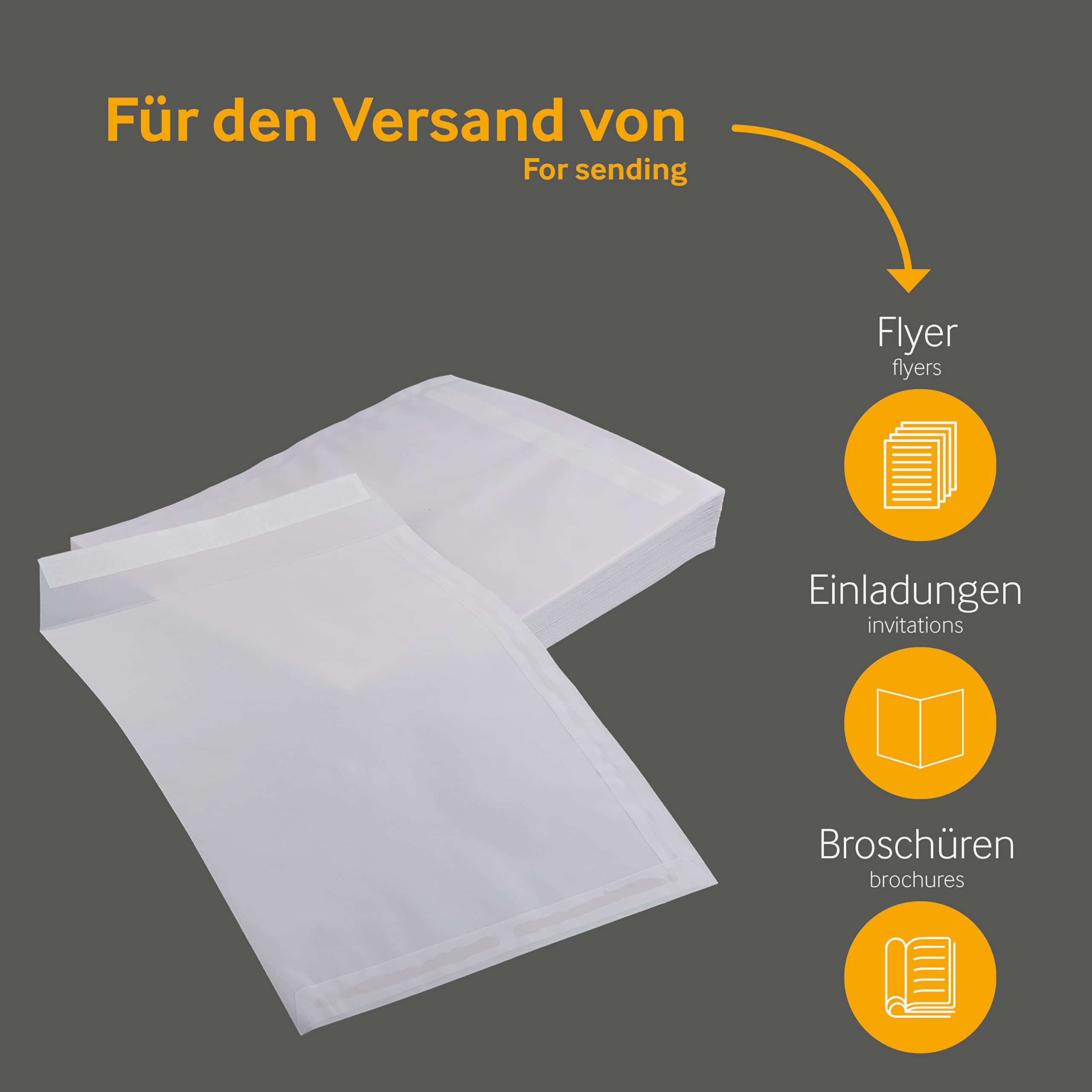 250 Stück, Transparent-Versandtaschen, DIN C4, Haftklebung mit Abziehstreifen, Gerade Klappe, 100 g/qm Offset, Ohne Fenster, Weiß (Transparent-Weiß), Blanke Briefhüllen
