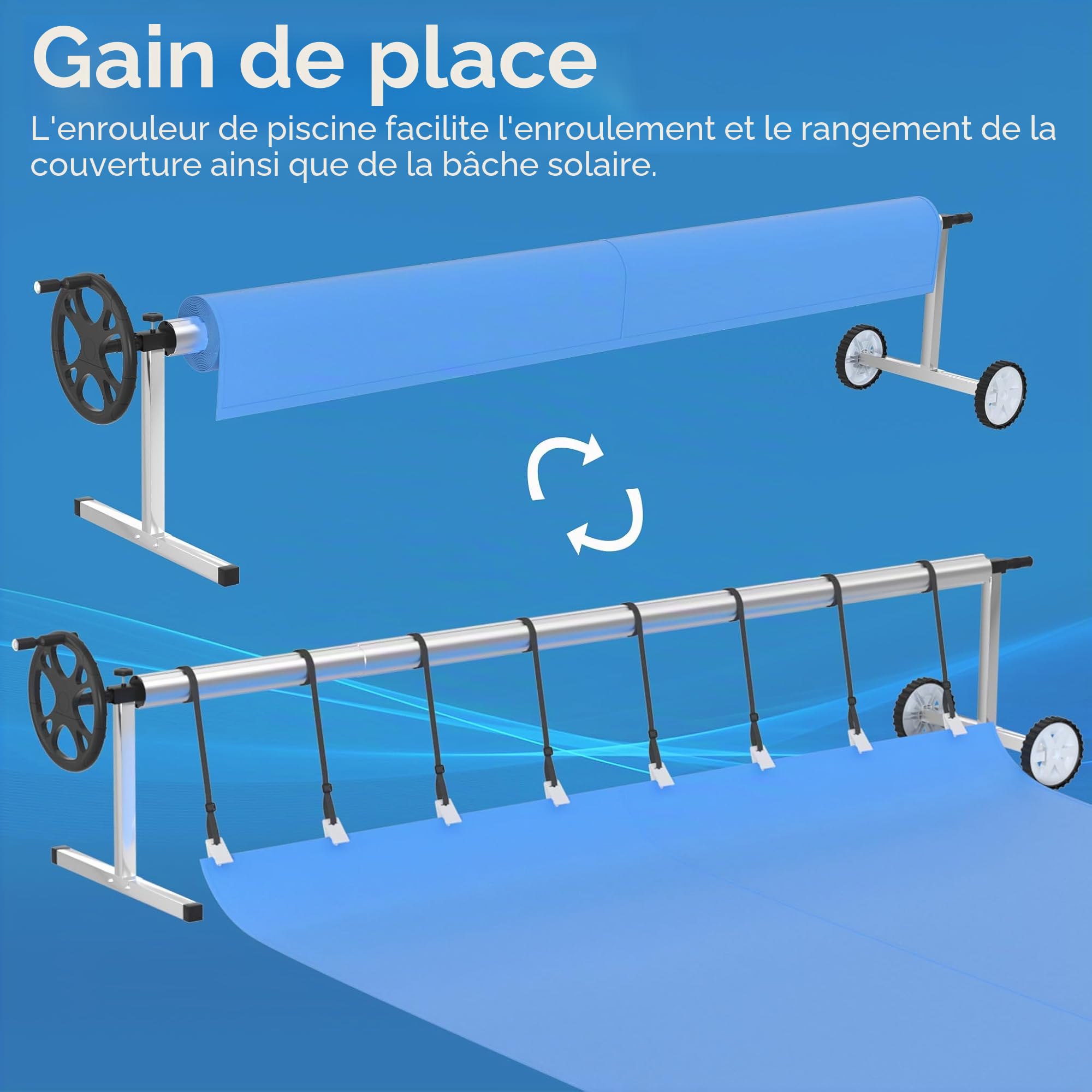 LARS360 Enrouleur de Couverture de Piscine en Aluminium et Acier Inoxydable | 3 m - 5,70 m | Système d'Enrouleurs de Couverture Solaire avec Fixation et roulettes