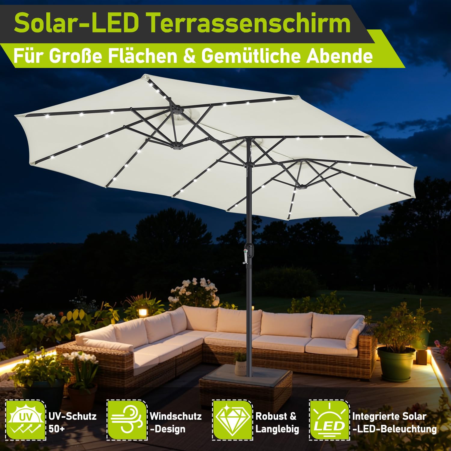 Parasol tarasowy z diodami LED 464 x 279 cm, bardzo duży parasol przeciwsłoneczny z korbą, ochrona przed promieniowaniem UV, bez stojaka, odporny na wiatr, na taras, do ogrodu, beżowy