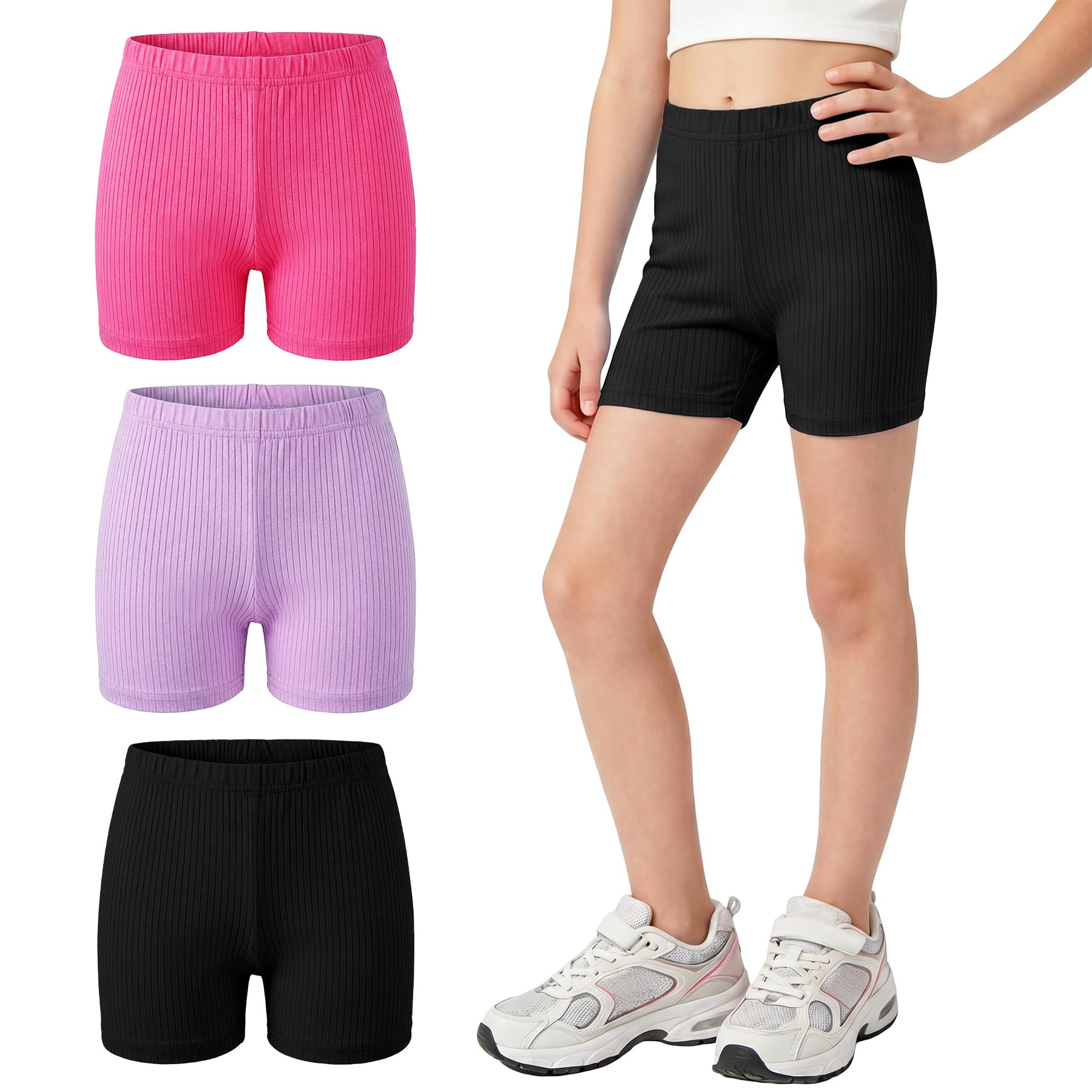 Pantalones Cortos de Ciclismo Niñas, Algodón Leggings Cortos con Cintura Elástica, Transpirable Diseño Acanalado Shorts Bailar Gimnasia para Infantil 5-16 Años, Lote de 3