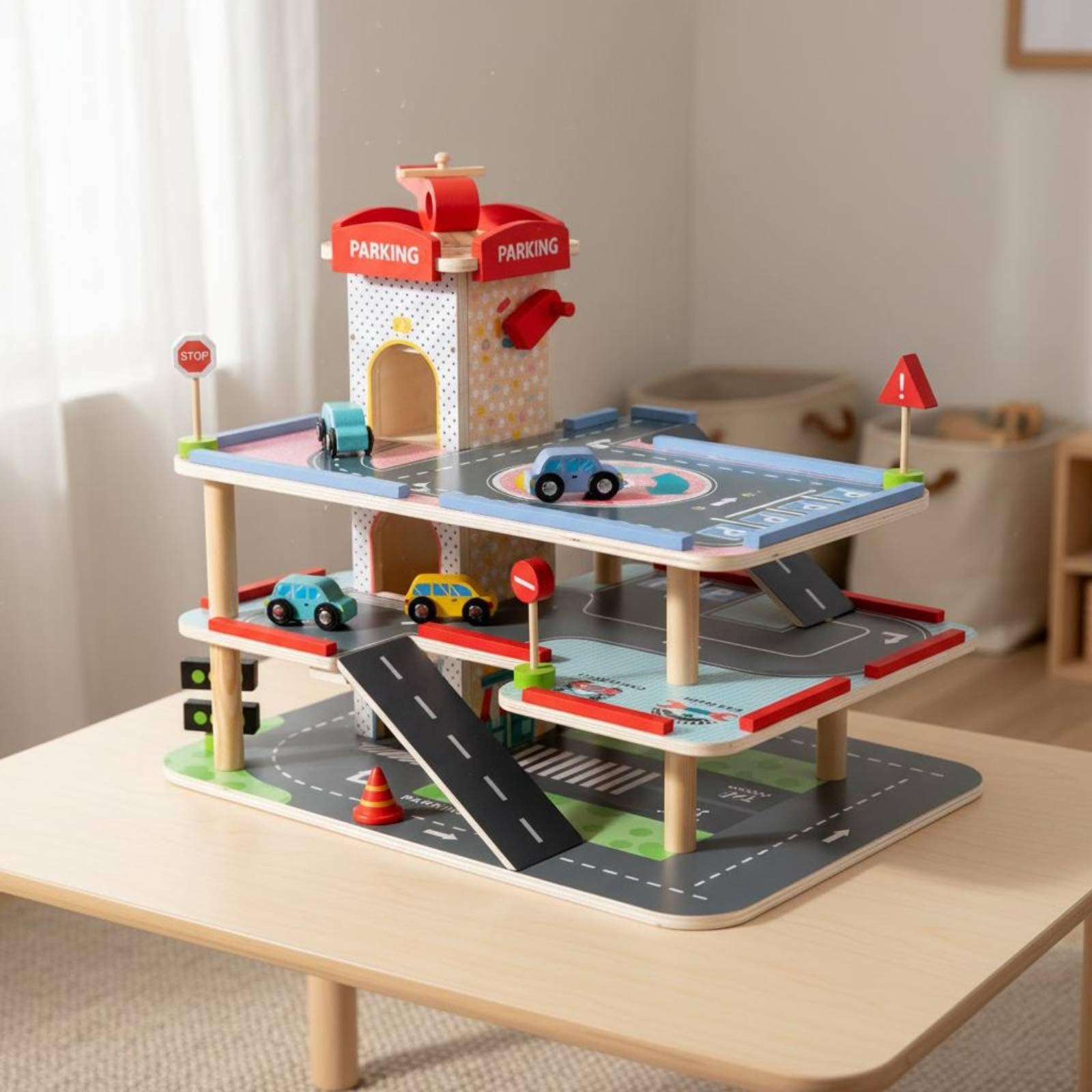 predolo Parking Jouet en Bois avec Ascenseur, Garage en Bois à 3 Niveaux, Parking Jouet Interactif, Multiples Accessoires Inclus, pour Enfants dès 3 Ans, M-Parking Centre