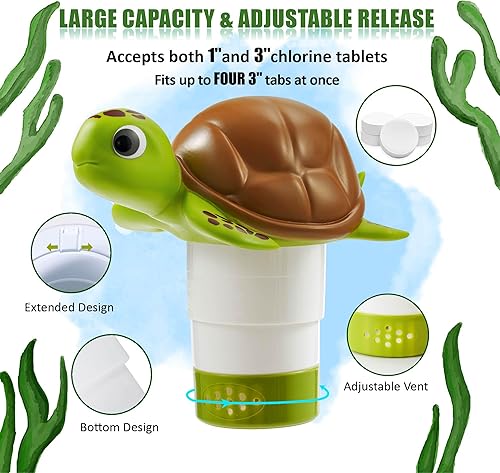 Miniatura 2 de MKLZ Flotador de cloro para piscina, lindo dispensador de cloro flotante plegable de tortuga marina, se adapta a tabletas de 1 y 3 pulgadas y