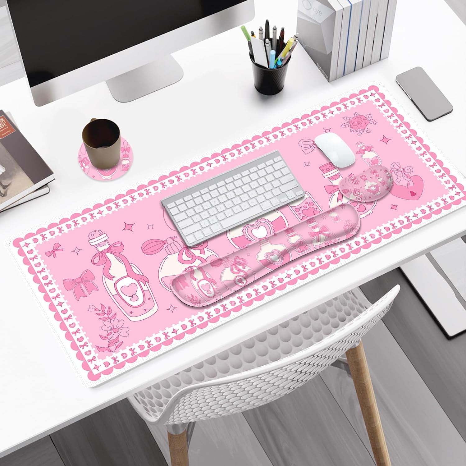 Desk Mat Pad, Gaming Mouse Pad Wrist Support Set, 4 in1 Non-Slip XXL Large Mousepad + Ergonomic Keyboard Wrist Rest+Mouse Wrist Rest+Coaster for Home Office Computer I Pink Kawaii Bow Bottle