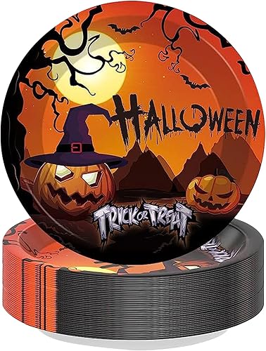 24 platos de Halloween Platos de papel de Halloween de 7 pulgadas Platos desechables de papel naranja y negro Vajilla de Halloween Decoración de