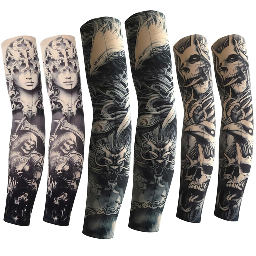 6 Stk Fake Tattoo,Männer Set,Tatoo ärmel Herren,Arm Sleeve Kinder Outdoor Tattoos Schutz,Gefälschte Sonnencreme Armlinge,Armstrumpf Strumpf Temporäre Tätowierung für Kostüm Karneval Fasching Party