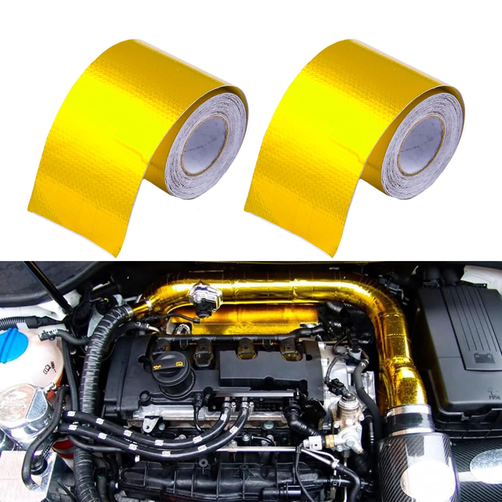 Sporacingrts 2" x16.4'（5M） Gold Adhesive Backed Heat Barrier Tape,Glassfiber Heat Shield Reflective Tape Wrap Roll,Compatible with Car Intake Pipe,Engine Bay etc.
