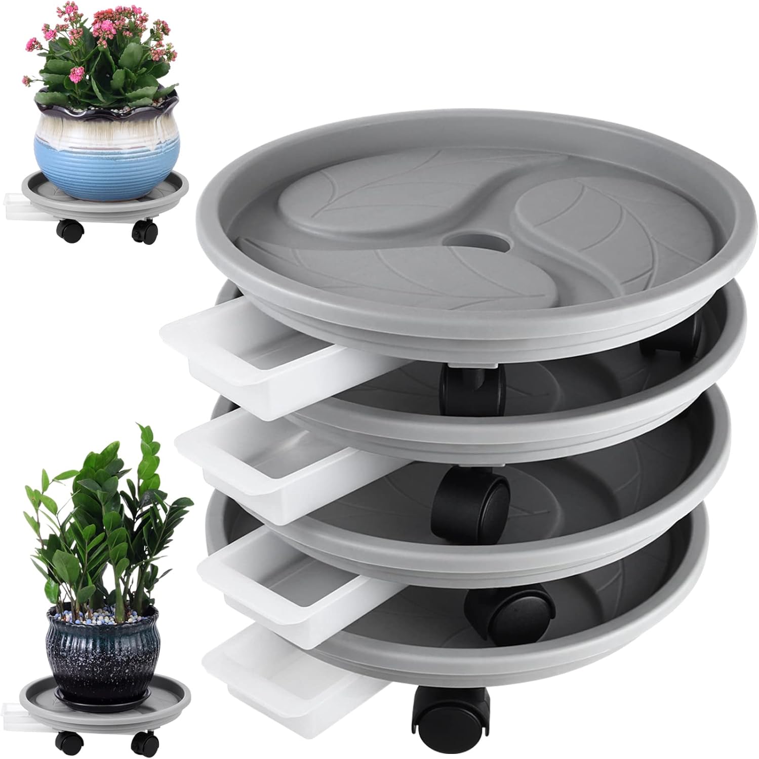 4-pack 13" Plant Caddy with Wheels, Drainage Tray & Heavy-duty Casters - Large Rolling Plant Stand for Moving Heavy Pots, Indoor & Outdoor Use, Grey