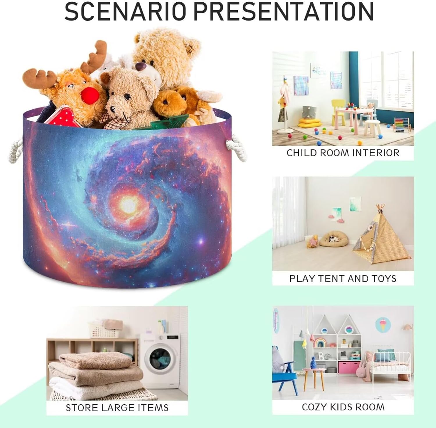 Galaxy Space Print Round Storage Basket Universe Nebula 20 x 20 x 14 Inches Laundry Hamper Cosmic Large Organizer Bin with Cotton Rope Handles Clothes Storage Bag for Nursery Bedroom Living Room Decor
