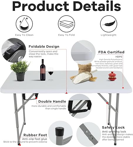 Miniatura 5 de MGHH Mesa plegable de 4 pies, mesa de plástico ajustable en altura para picnic, campamento, cocina, playa, fiesta, al aire libre, interior, 47 x 24