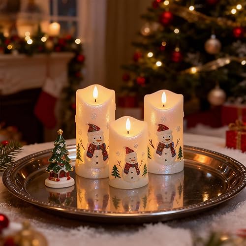 Miniatura 4 de DRomance  Velas sin llama de muñeco de nieve a pilas, con control remoto y temporizador cera real, mecha 3D, parpadeantes, velas LED pintadas de