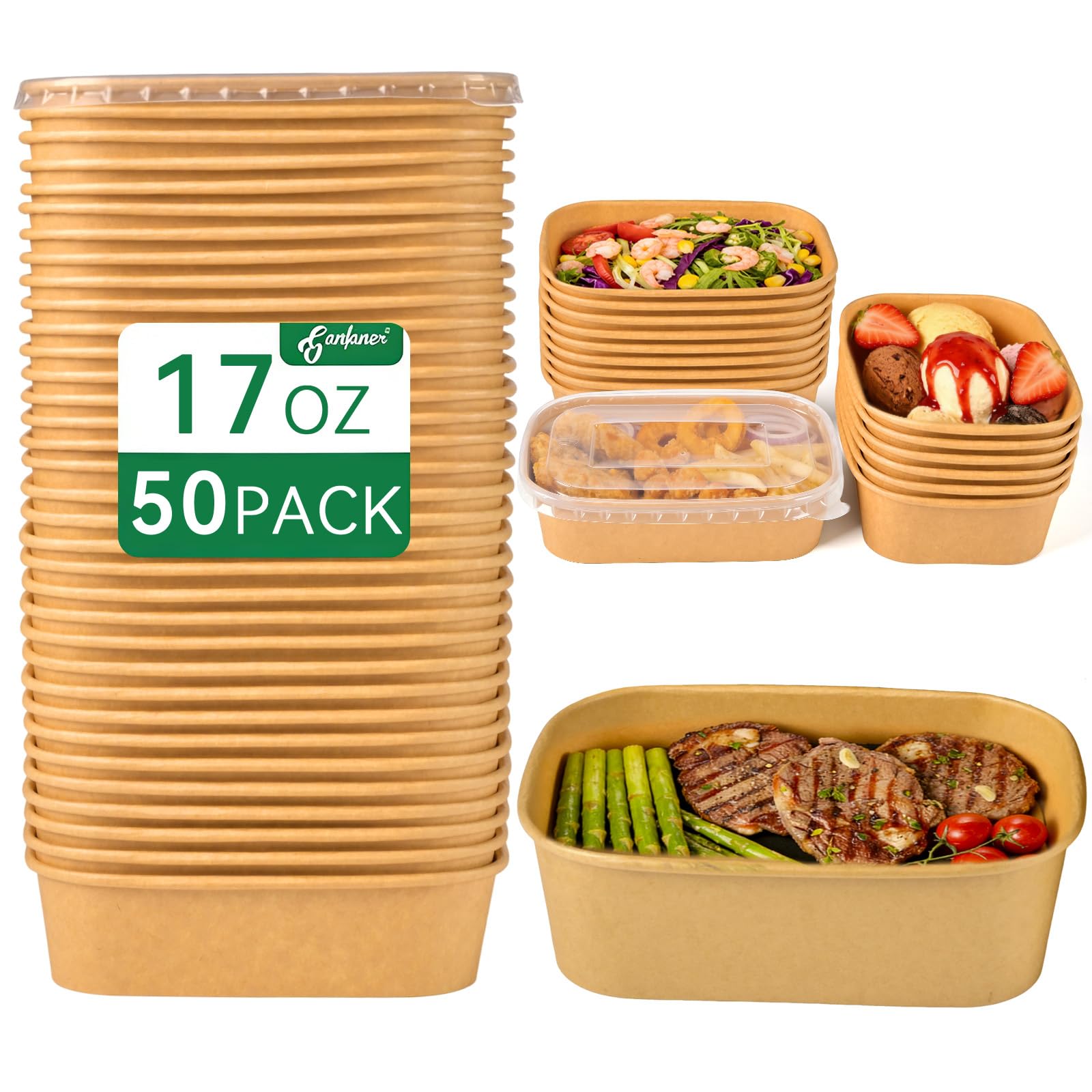 17 oz Bowls, 50 Sets Kraft Square Salad Bowls, Paper Meal Prep Container with Lid, Anti-Spill Microwave Freezer Meal Bowls, Perfect for Restaurant Salad Noodle Hot/Cold Take Out