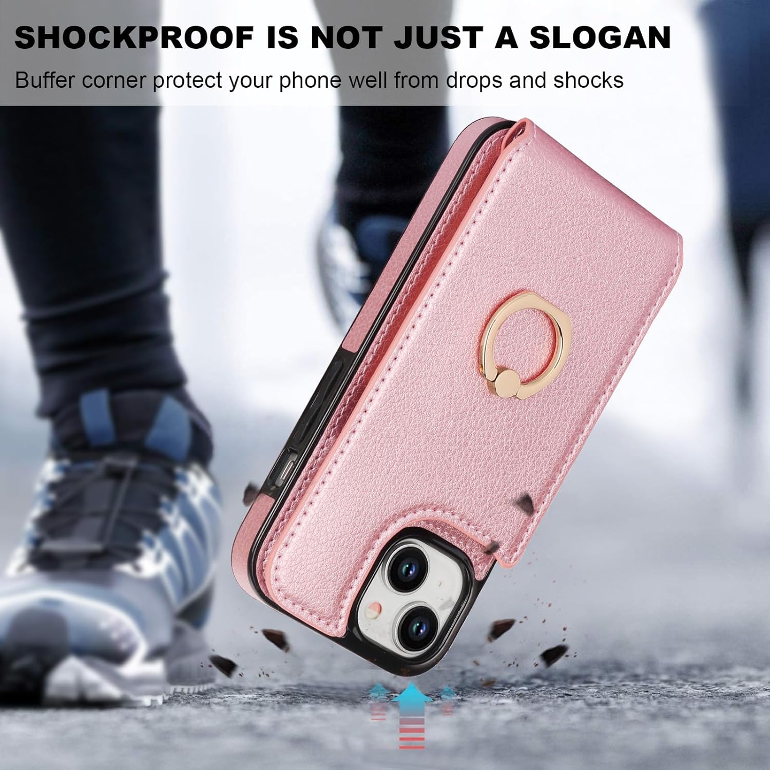 Folosu Compatible with iPhone 15 Case Wallet with Card Holder, 360°Rotation Finger Ring Holder Kickstand, RFID Blocking Leather Protective Double Buttons Shockproof Cover 6.1 Inch Rose Gold - Image 7