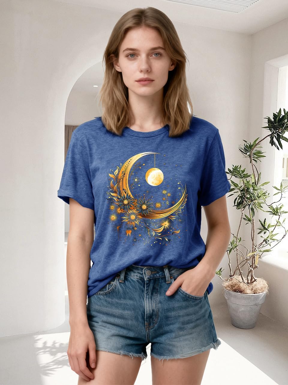 Women Mystical Sun and Moon Shirts Vintage Wildflower T Shirt Hipped Graphic Tees Short Sleeve Vacation Tops - Image 2