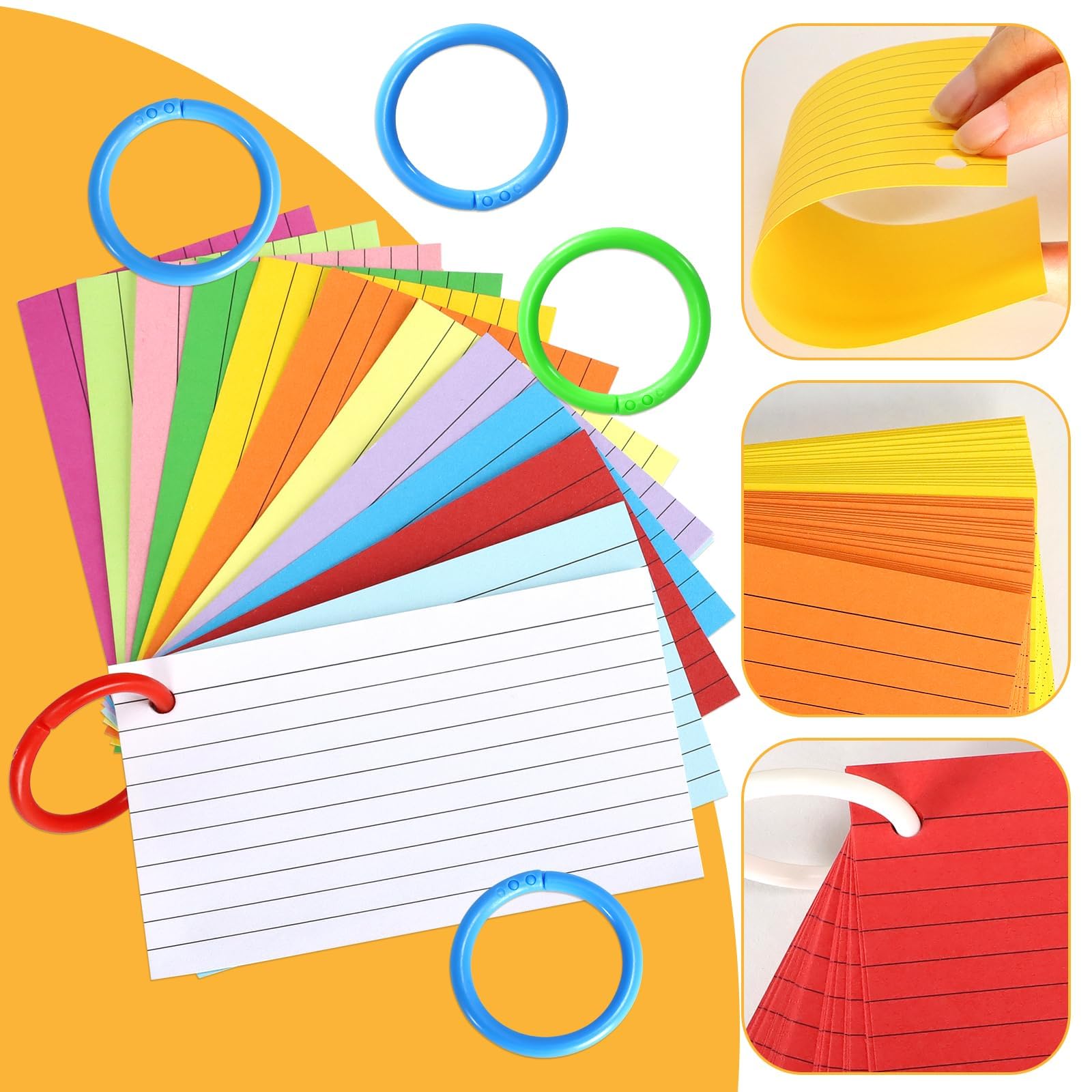 Tecmisse Tarjetas de índice coloridas a granel, 1200 hojas de tarjetas flash con anillos, tarjetas de índice rayadas de 3 x 5 pulgadas, tarjetas de estudio para suministros de aprendizaje y oficina,