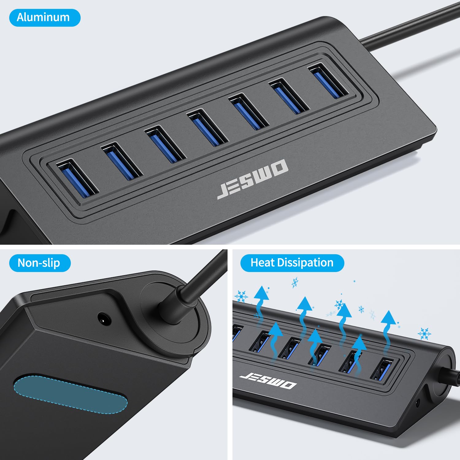 JESWO Hub USB attivo 3.0 con alimentatore di rete, hub USB 3.0 in alluminio, 7 porte, distributore USB, 5 Gbps, con alimentatore di rete 5 V/4 A e cavo da 100 cm, per PC, laptop, compatibile con