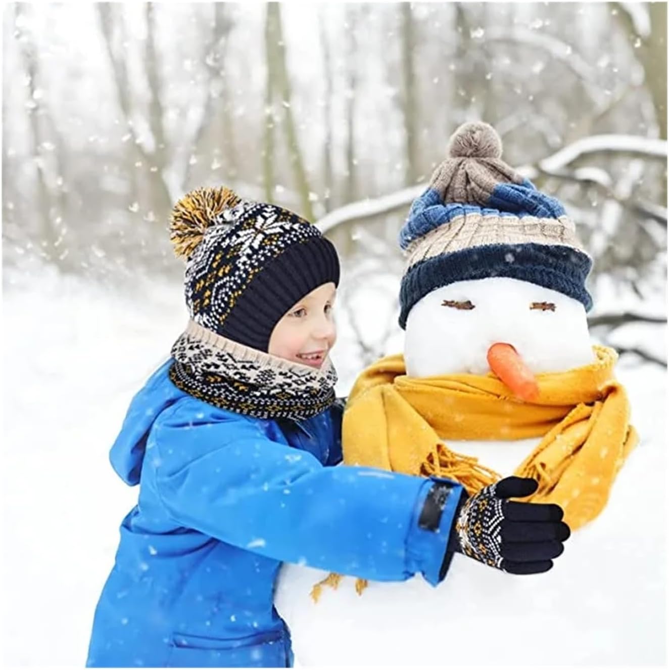 Winter Warm Knit Set for Kids Fleece Lined Hat Scarf Gloves with Cartoon Car and Snowflake Designs Unisex Gift Idea