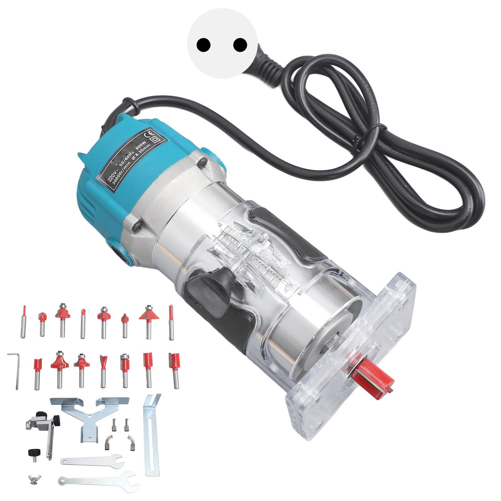 Fresadora eléctrica compacta de 800 W, motor de 6,5 amperios para carpintería precisa, amplia gama de accesorios, fresadora de madera con riel guía lineal (enchufe de la UE)