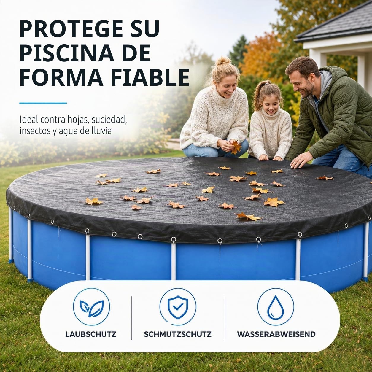 Cubierta para piscina redonda, extragruesa, 200 g/m², resistente a los rayos UV, solar para verano e invierno, lona negra para piscina (500 – 550 cm (diámetro 610 cm)