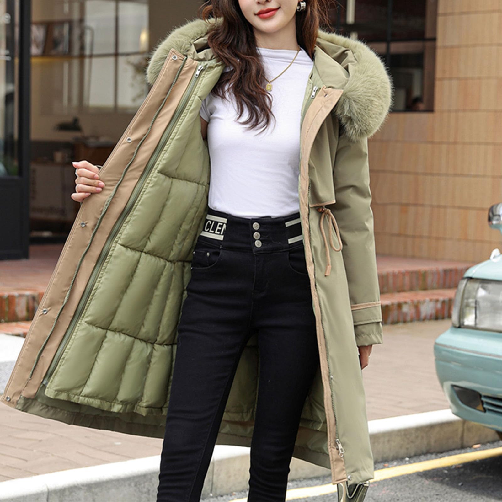 Abrigo Largo Mujer Invierno Plumas Chaqueta Acolchada a Prueba de Viento con Bolsillos Talla Grande Cálido Chaqueta Algodón de Invierno con Capucha Gruesa Elegantes Parkas Moda Caliente Cortavientos