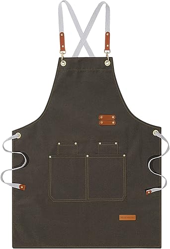 LOYGLIF Chef Aprons for Men Women with Large Pockets, Cotton Canvas Cross Back Adjustable Cooking Kitchen Work Waterproof Bib Apron Green