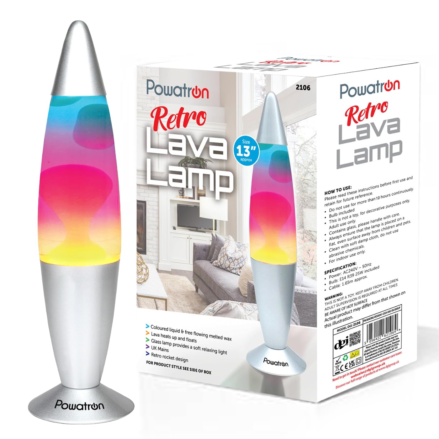 Powatron Lava Lamp 13" Rainbow Liquid Motion Glitter Lamp for Kids & Adults Retro Mood Lighting Decorative Lamps with Bulb & UK Mains Plug – Soothing Motion Mood Lamp