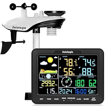 Sainlogic SA68 Home Weather Station with Weather Stations Wireless Indoor Outdoor and Rain Gauge Outdoor for Temperture,Humidity,Forecast,Pressure,Moon Phase,Alarm Clock for Bedroom,Black(No WiFi)