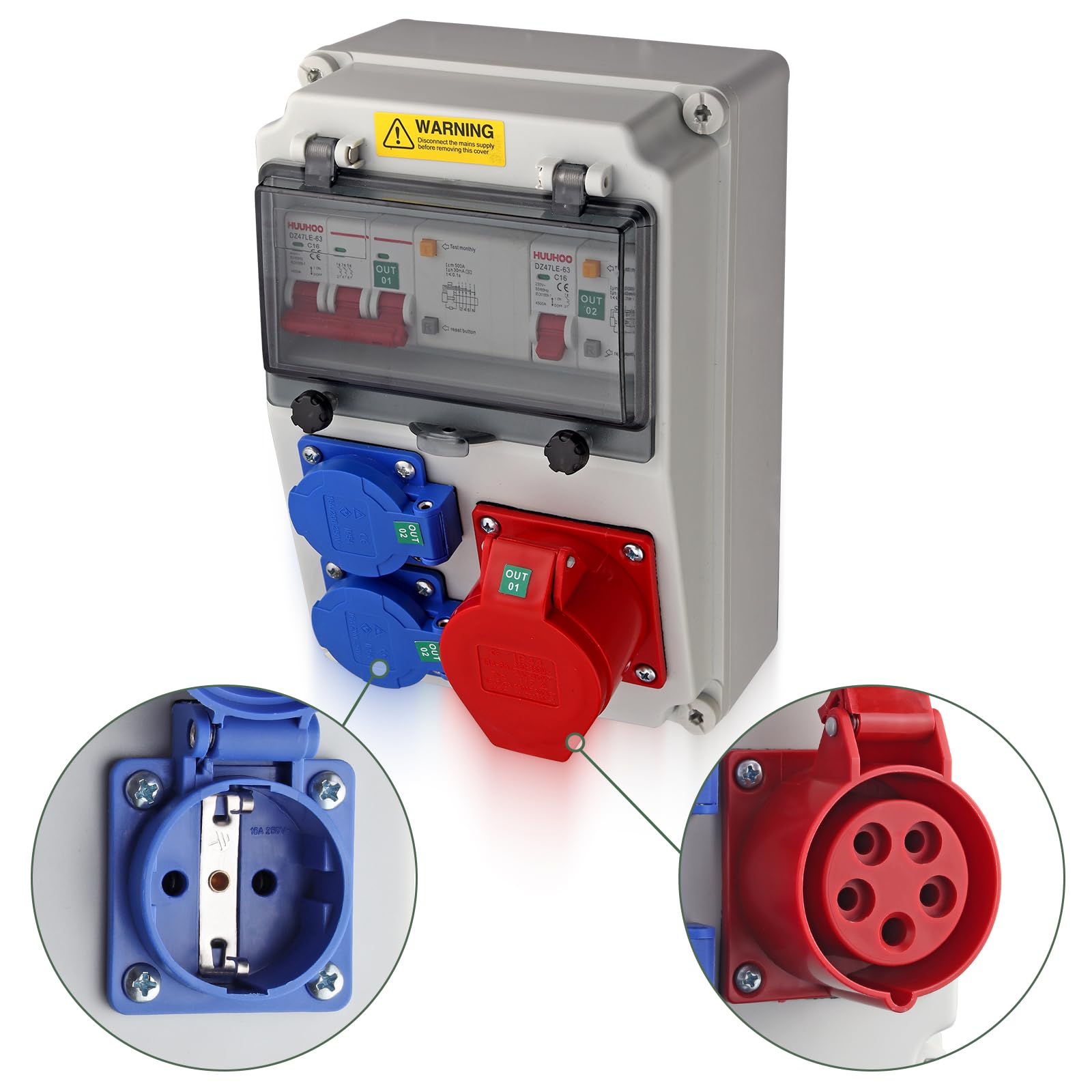 EYPINS Baustromverteiler mit LS+FI, Wandverteiler 2x 230V Schuko-, 1x CEE-Steckdose 16A Stromverteiler IP66 Wasserdicht, flammhemmende ABS Verteiler für Innen und Außen Werkstätten Fabriken