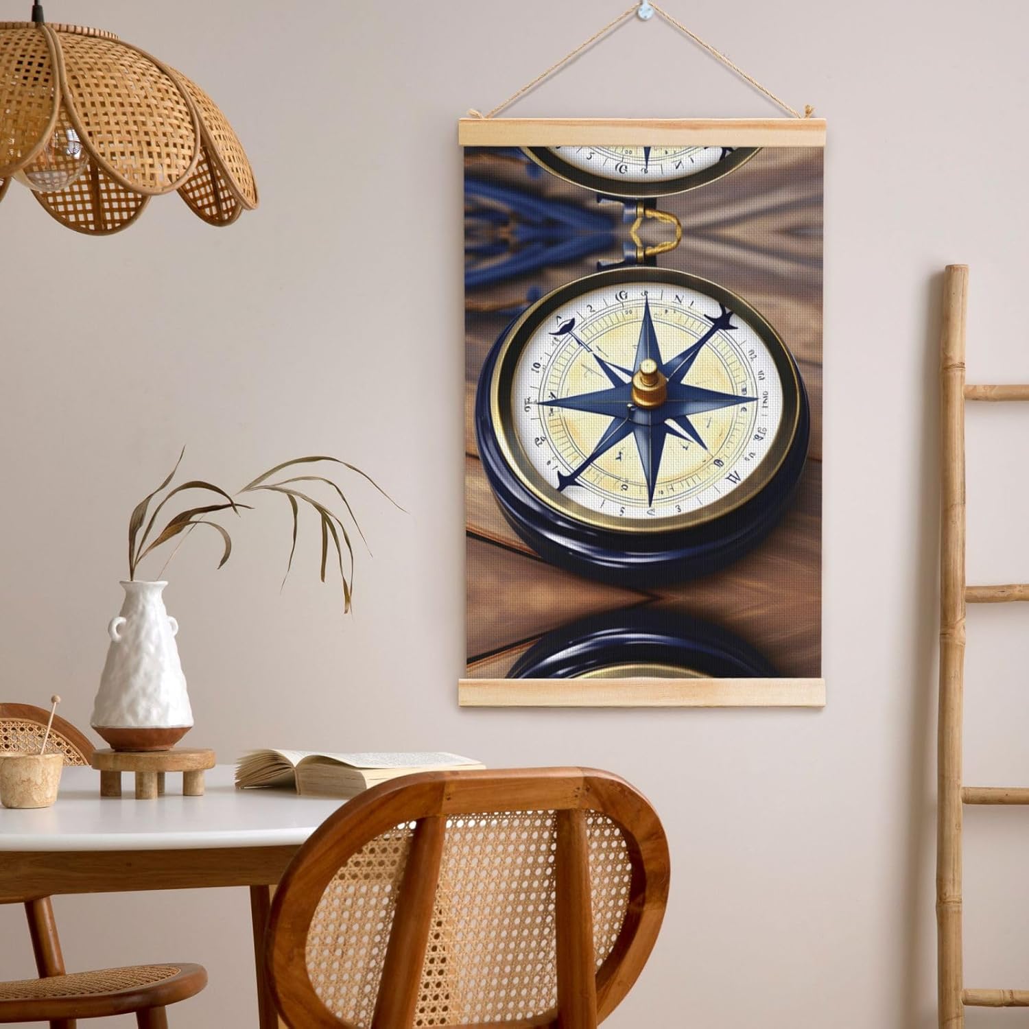 Sail Boat Nautical Compass Print Poster Hanger,Hanging Poster, Poster Frame,Wood Poster Hanger, For Wall Hanging