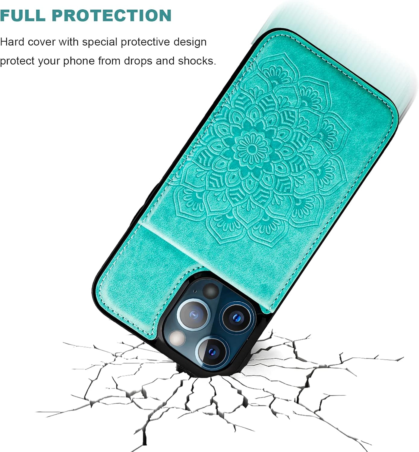 Vaburs Wallet Case for iPhone 13 Pro Max, Kickstand Case with Credit Card Holder, Embossed Mandala Floral Pattern Premium PU Leather Magnetic Closure Shockproof Protective Flip Cover 6.7" (Green)