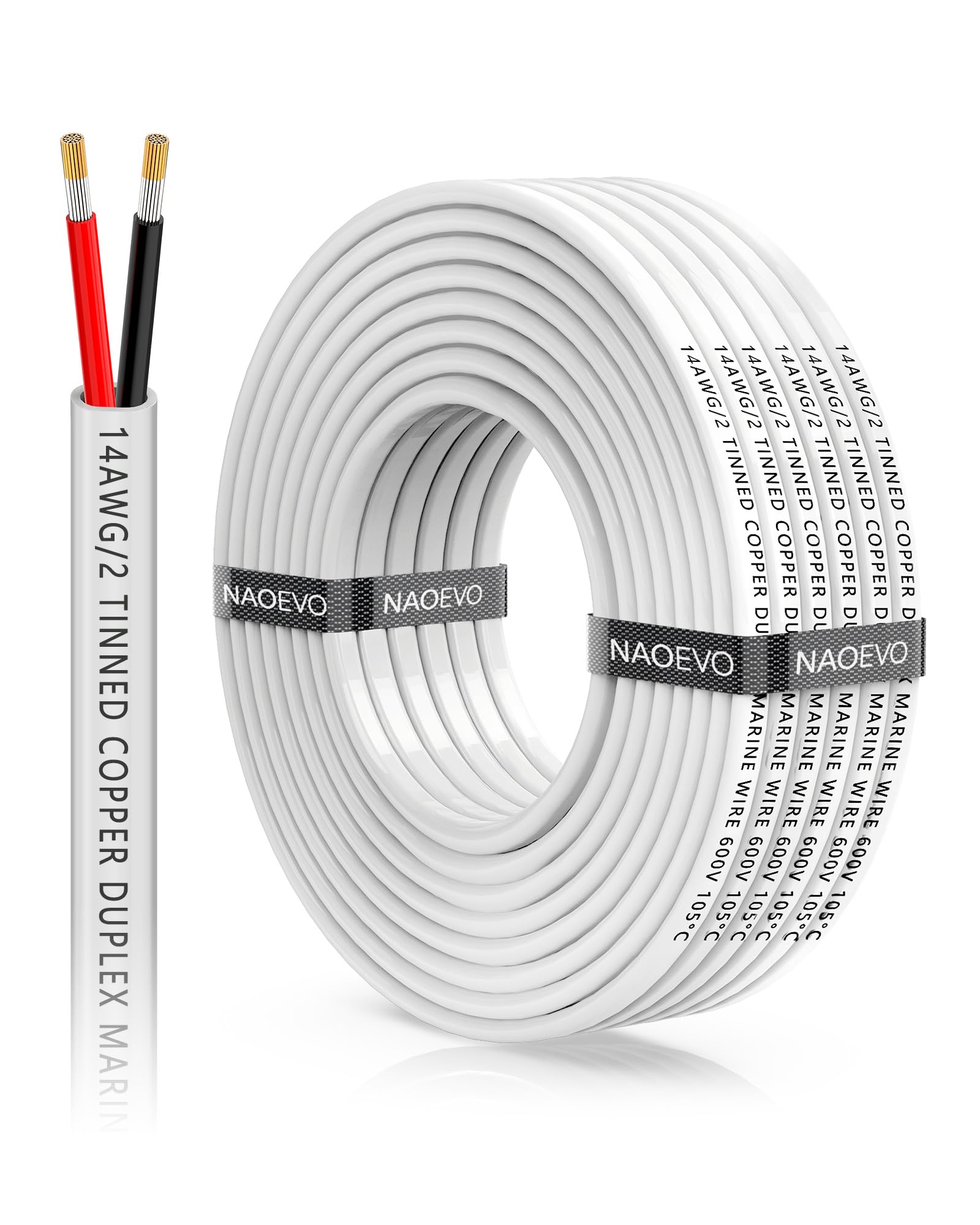 NAOEVO 14 Gauge Marine Wire Duplex, 14 AWG Stranded PVC Marine Electrical Wire, Waterproof/Corrosion Resistant/Tinned Copper Electrical Cable for Boat/Automotive/RV/Solar (30FT)